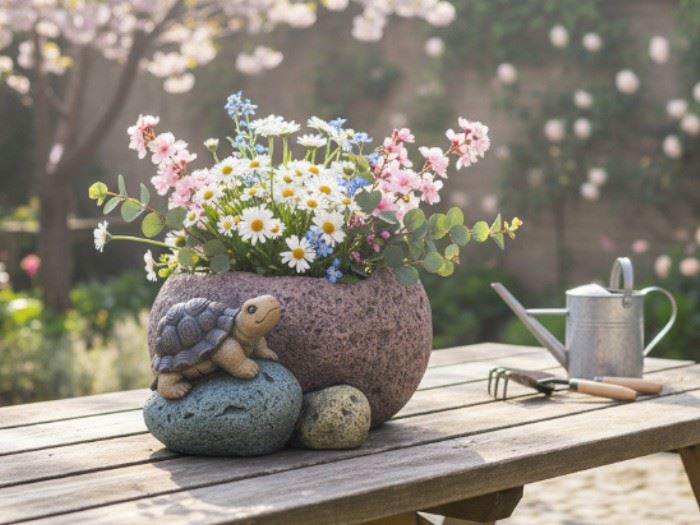 VASO PEDRA COM TARTARUGA 23.3X21.8X12.2CM