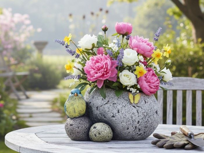 VASO PEDRA COM PASSARINHO 18.3X18.3X10.9CM