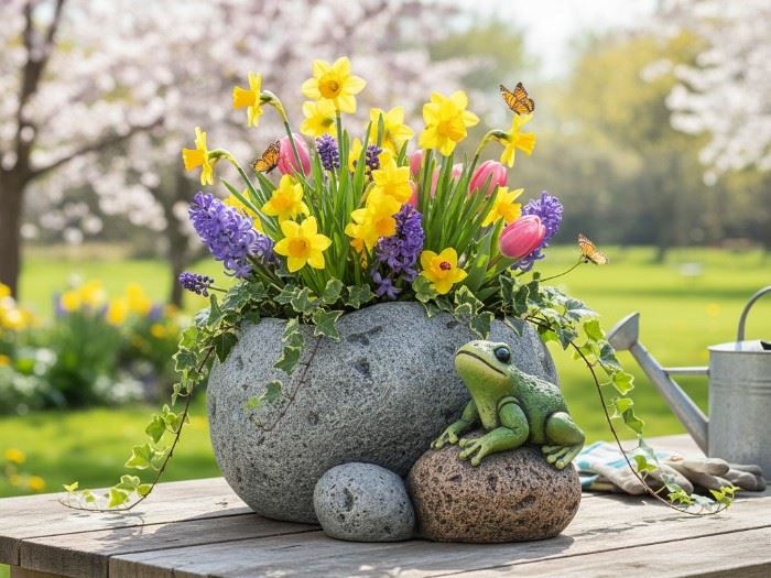 VASO PEDRA COM SAPO 22.6X22.6X13CM