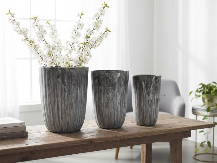 Set.3 Vasos Marm.: 39.5x39.5x48.5 / 31.5x31.5x44.5 / 24.5x24.5x41.5cm