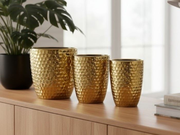 Set.3 Vasos Ouro: 39x39x41.5 / 31.5x31.5x38.5 / 25.5x25.5x34.5cm
