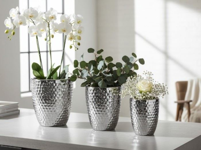 Set.3 Vasos Prata: 39x39x41.5 / 31.5x31.5x38.5 / 25.5x25.5x34.5cm