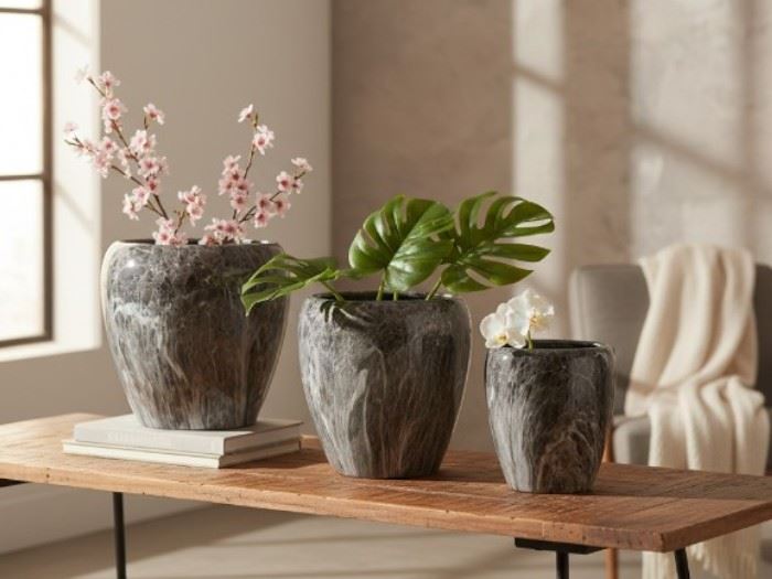 Set.3 Vasos : 42x42x35 / 32x32x31.5 / 23x23x28.5cm Marmore