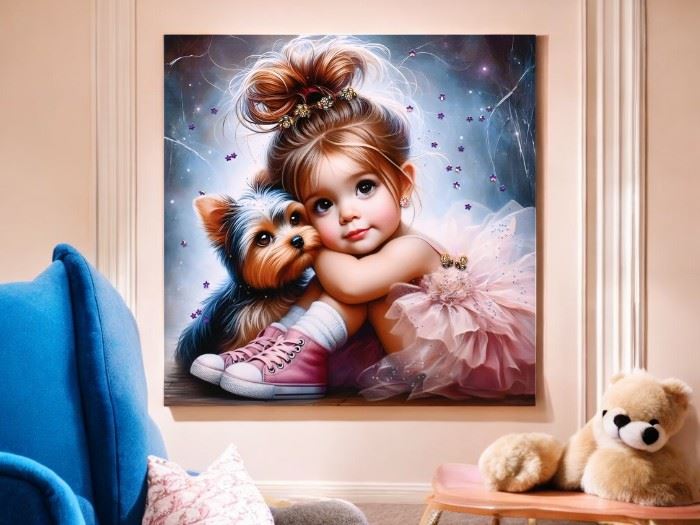 QUADRO TELA MENINA COM CÃO 60X60CM