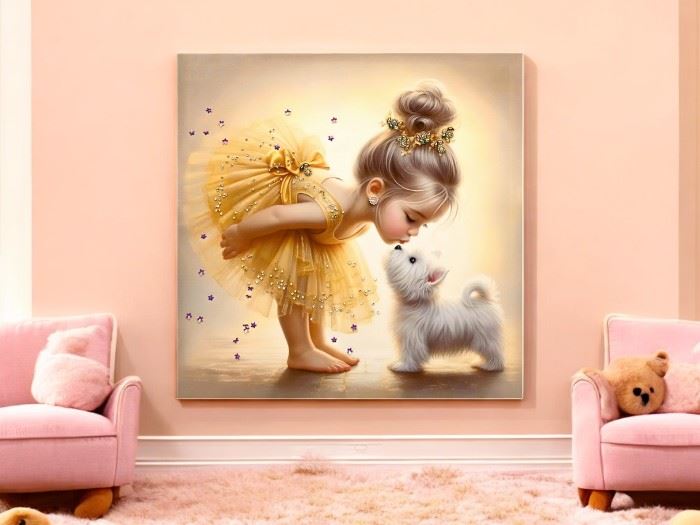 QUADRO TELA MENINA COM CÃO 60X60CM