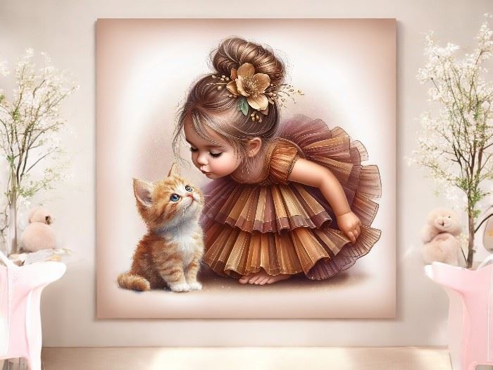 QUADRO TELA MENINA COM GATO 60X60CM