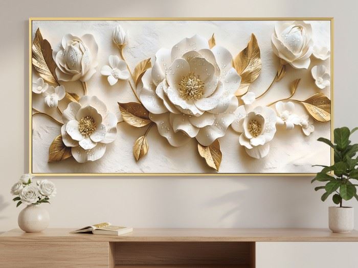 QUADRO TELA C/MOLD. FLORES 62X122CM