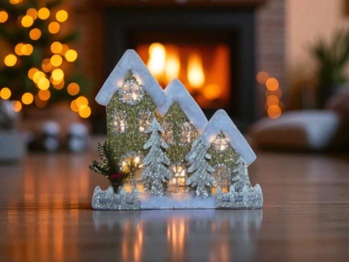 PAISAGEM CASAS DE MADEIRA BRANCA  LED 30x28CM- LED 10L
