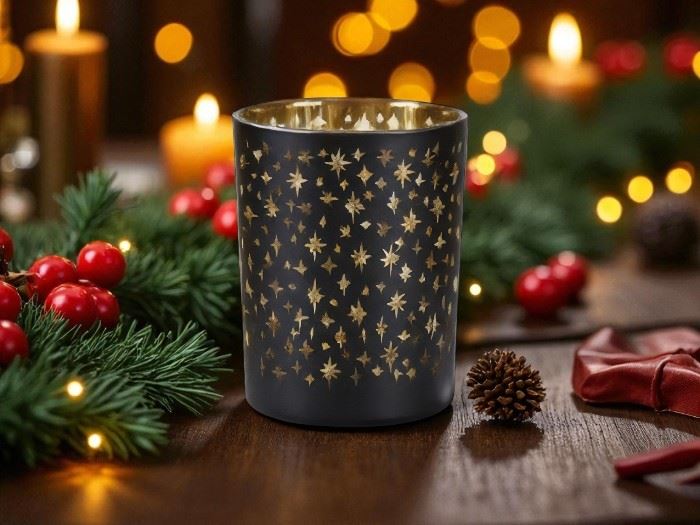 CASTIÇAL PRETO ESTRELAS OURO 7x8CM