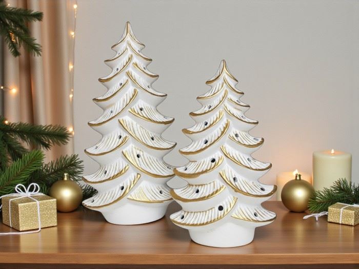 CONJ- 2 ARVORES NATAL 50 E 37CM BRANCO COM OURO