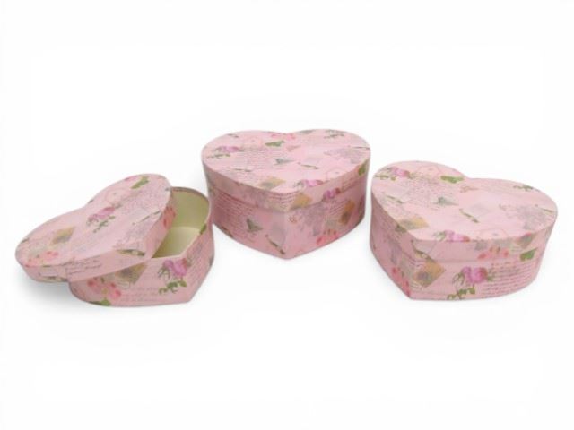CONJ. 3 CAIXAS CARTAO CORAÇAO ROSA CLARO FLORES 24X21X9 CM