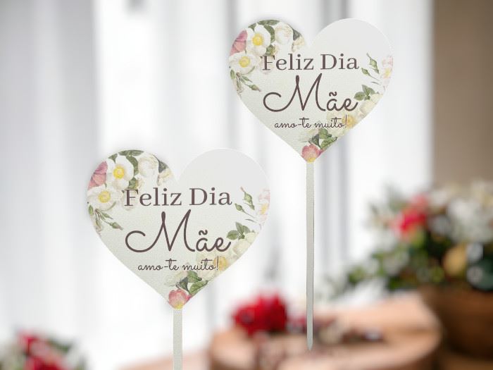 MADEIRA ESPETO CORAÇÃO FELIZ DIA MÃE  15CM