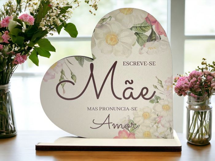 MADEIRA TROFEU CORAÇÃO ESCREVE-SE MÃE... 13x13CM