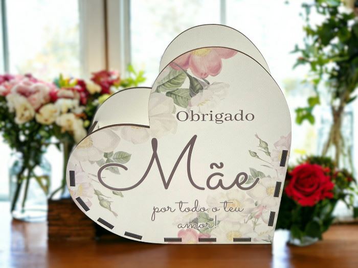 MADEIRA CAIXA CORAÇÃO "OBRIGADO MÃE" 15x6x15CM