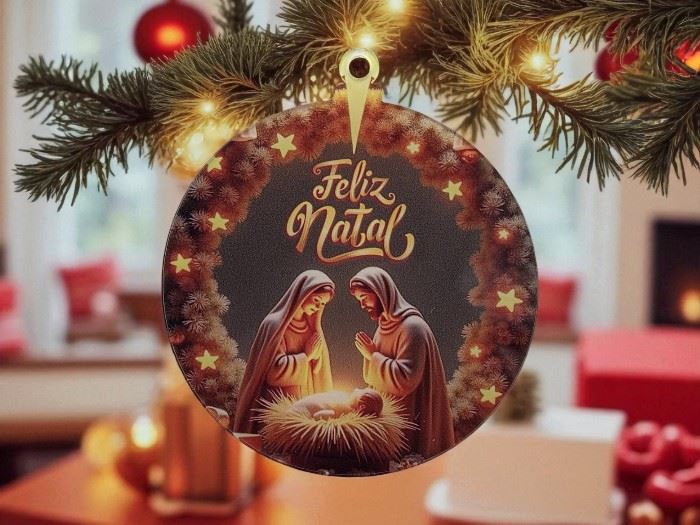 BOLA DE NATAL  SAGRADA FAMILIA  "FELIZ NATAL" 8CM
