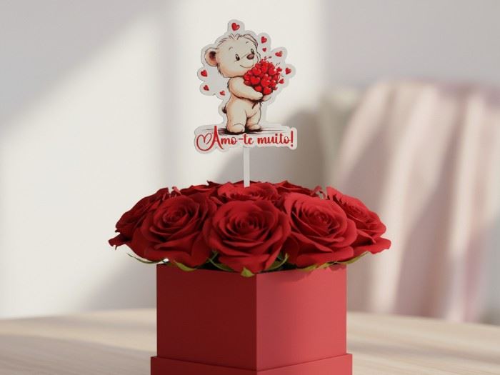ESPETO URSINHO BR C/ RAMO CORAÇÕES  "AMO-TE MUITO" 15X5,5CM