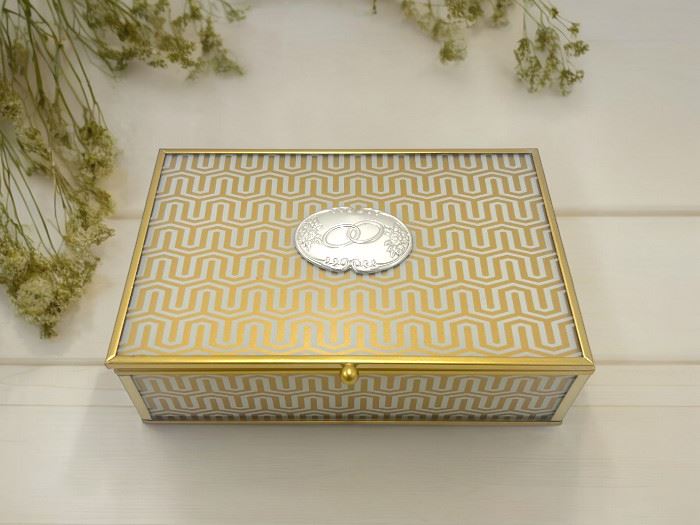 CAXA VIDRO C/ METAL 20x14x6CM COM ALIANÇAS PRATA