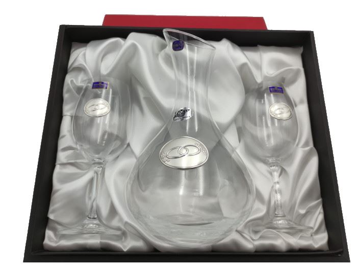 ESTOJO  3 P DECANTER C/ 2 COPOS  ALIANÇAS PRATA
