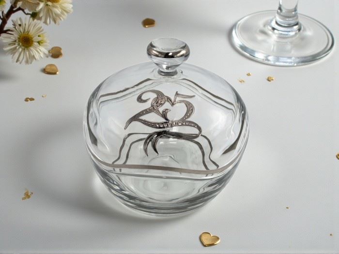 BOMBONEIRA  P.MÃO LISTAS CORAÇÃO PRATA 25  ANOS