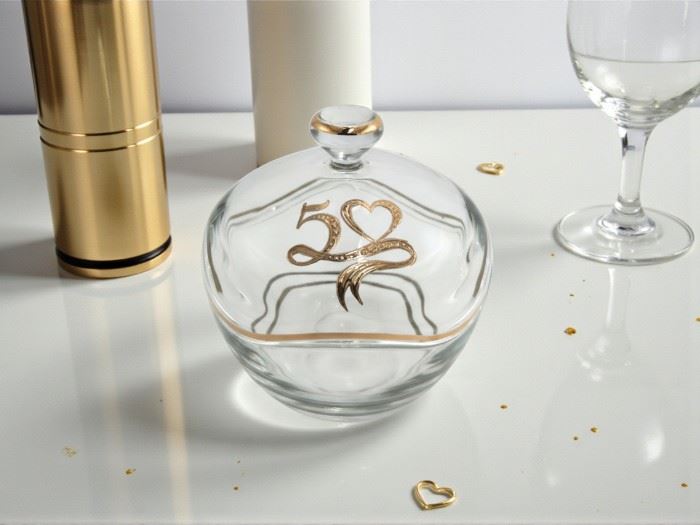 BOMBONEIRA  P.MÃO LISTAS CORAÇÃO OURO 50 ANOS