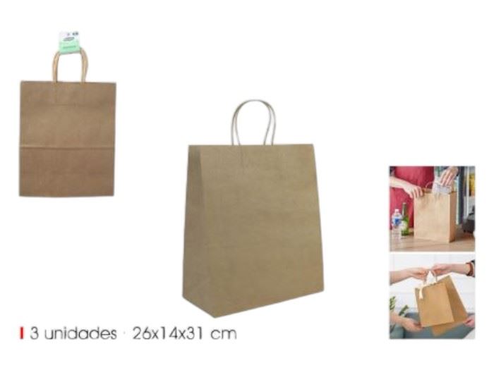 EMB. C/3 SACOS PAPEL KRAFT 26X14X31CM