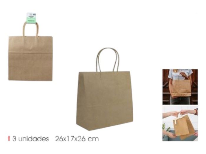 EMB. C/3 SACOS PAPEL KRAFT 26X17X26CM