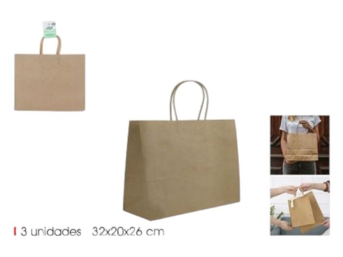 EMB. C/3 SACOS PAPEL KRAFT 32X20X26CM