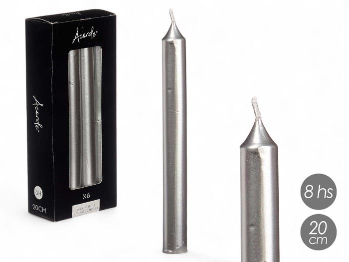 Conj. 8 Velas PRATA  20 Cm 8 Horas